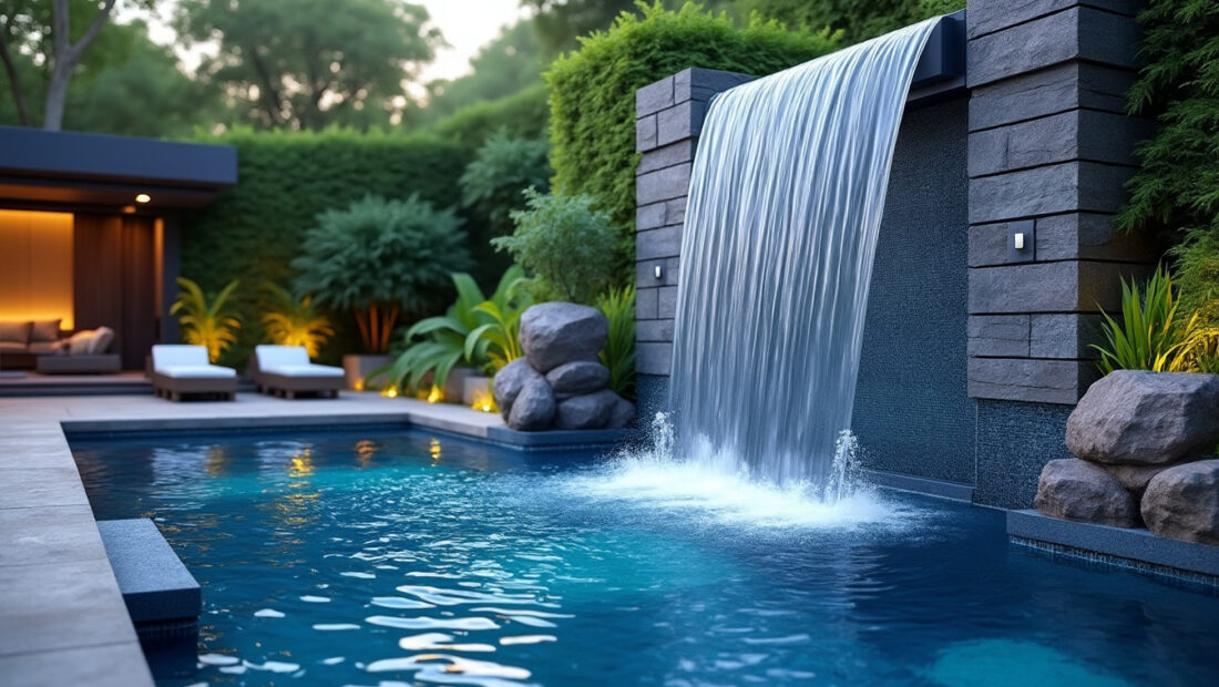 découvrez l'élégance d'une piscine avec une cascade spectaculaire, pour un espace extérieur à la fois raffiné et apaisant.