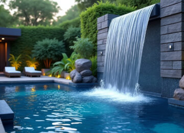découvrez l'élégance d'une piscine avec une cascade spectaculaire, pour un espace extérieur à la fois raffiné et apaisant.