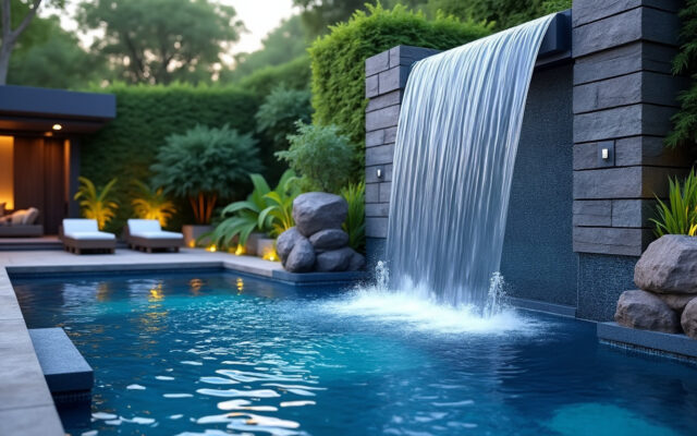 découvrez l'élégance d'une piscine avec une cascade spectaculaire, pour un espace extérieur à la fois raffiné et apaisant.