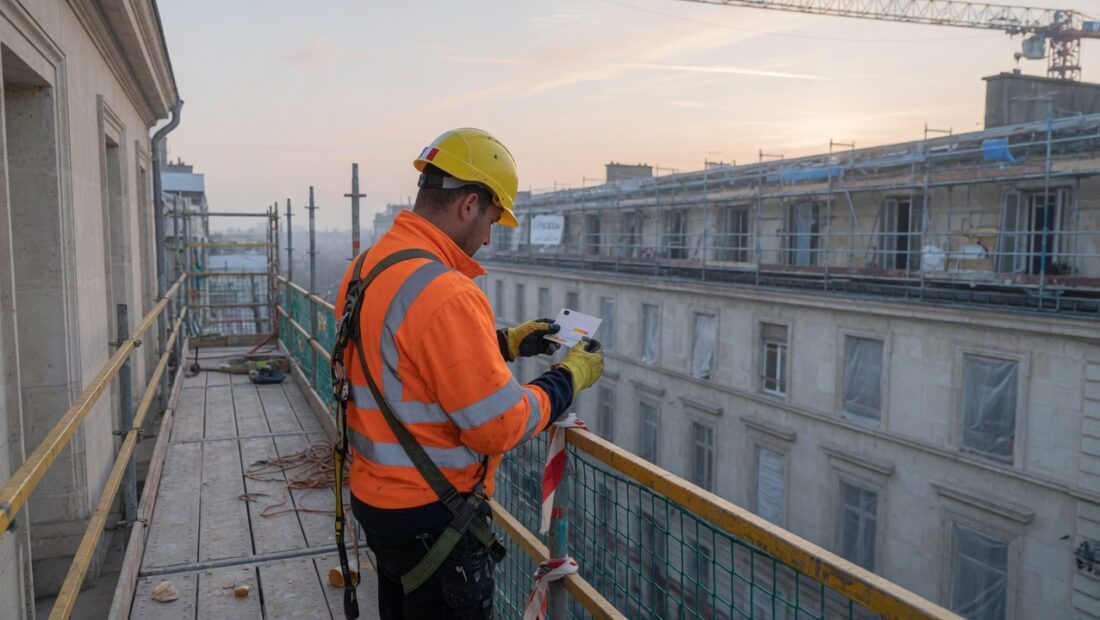 Cordiste sur échafaudage consultant une carte
